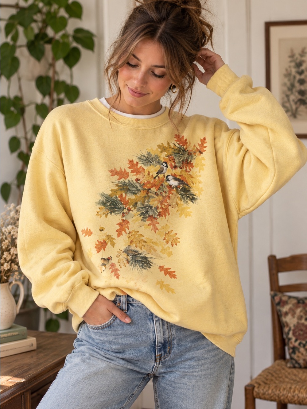 Vintage Bird and Leaf Graphic Sweatshirt